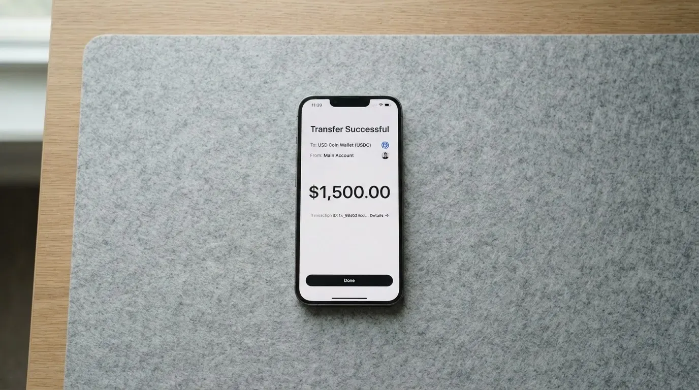 A phone showing a stablecoin transfer screen