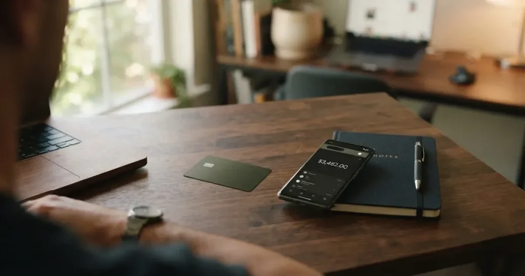 A payment card next to a phone with a crypto wallet app open
