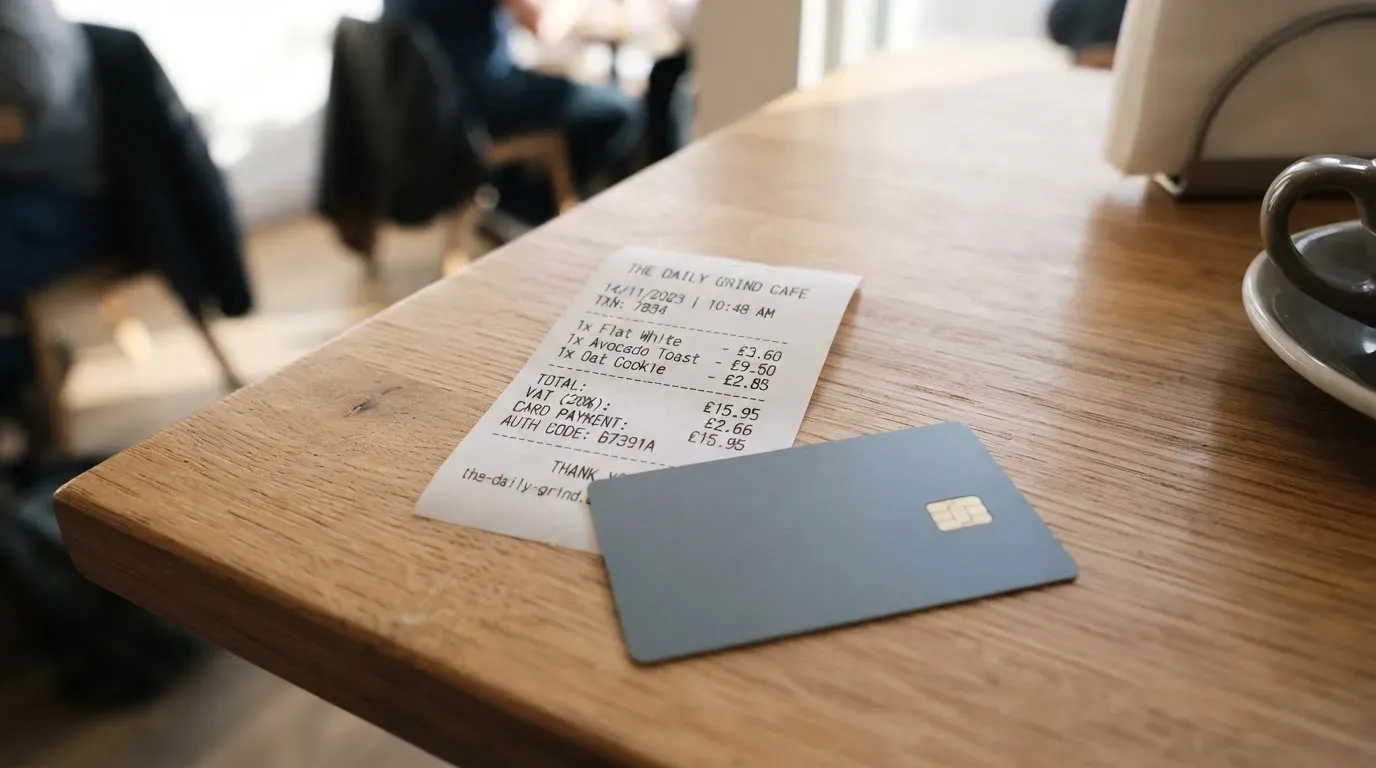 A receipt and a card on a café table