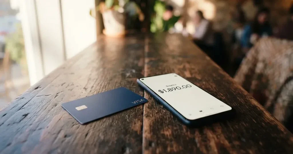 A payment card next to a phone with a crypto wallet app open