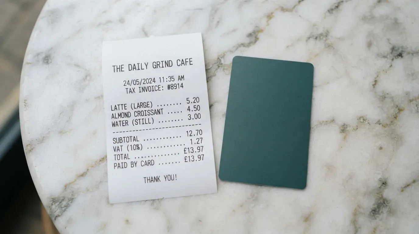 A receipt and a card on a café table
