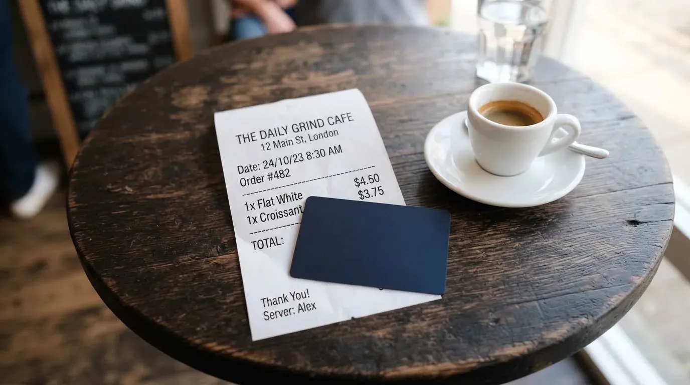 A receipt and a card on a café table