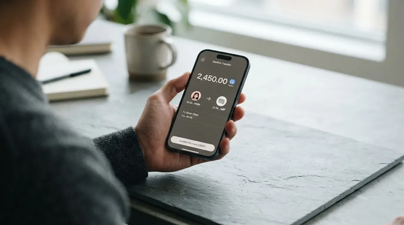 A phone showing a stablecoin transfer screen