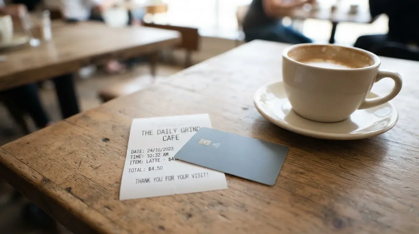 A receipt and a card on a café table