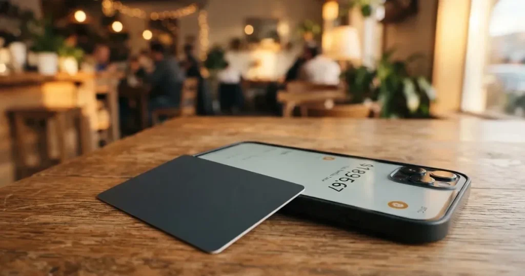 A payment card next to a phone with a crypto wallet app open