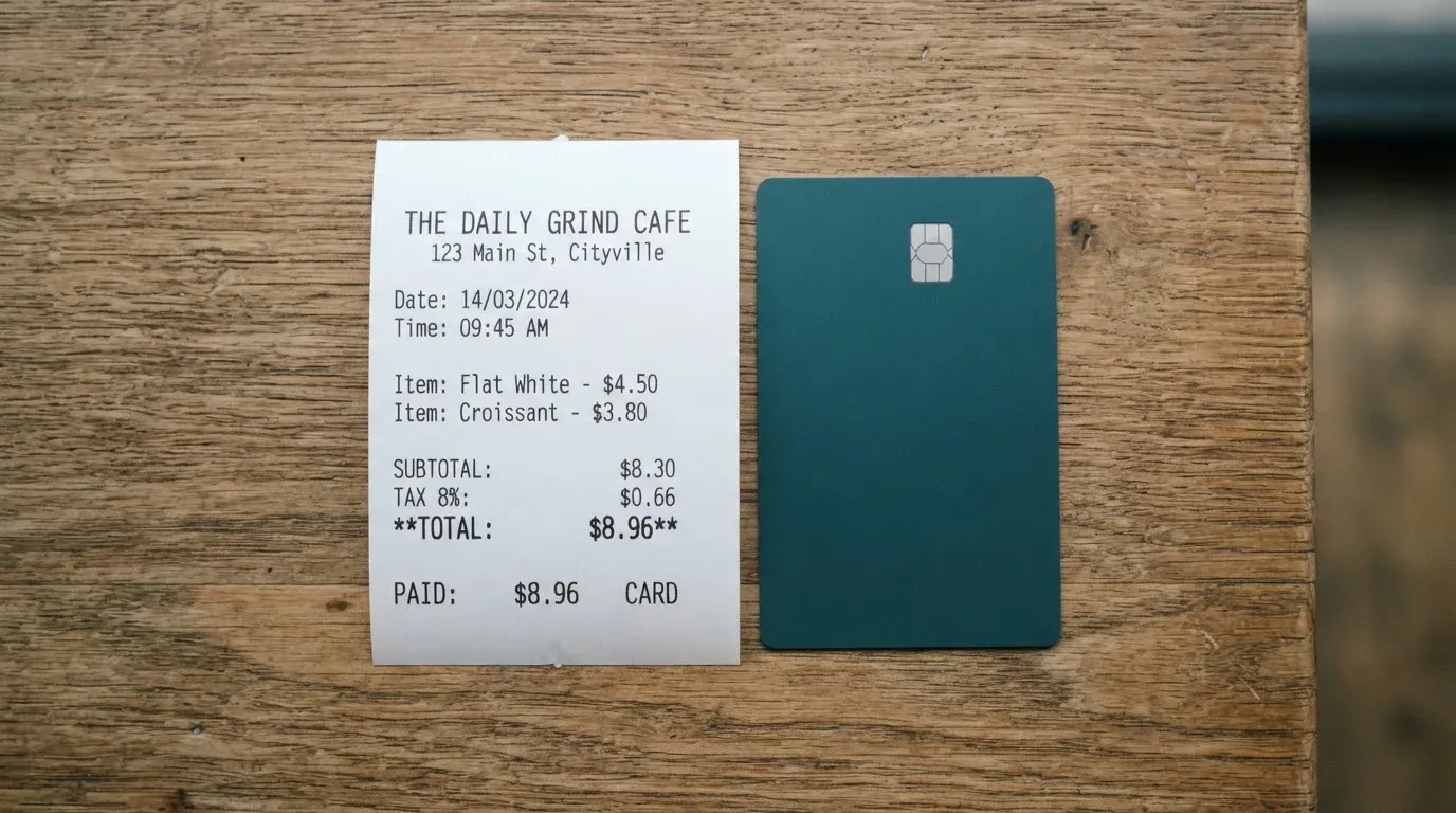 A receipt and a card on a café table