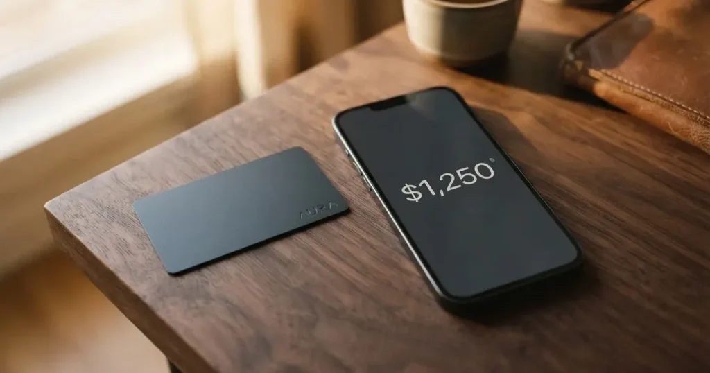 A payment card next to a phone with a crypto wallet app open