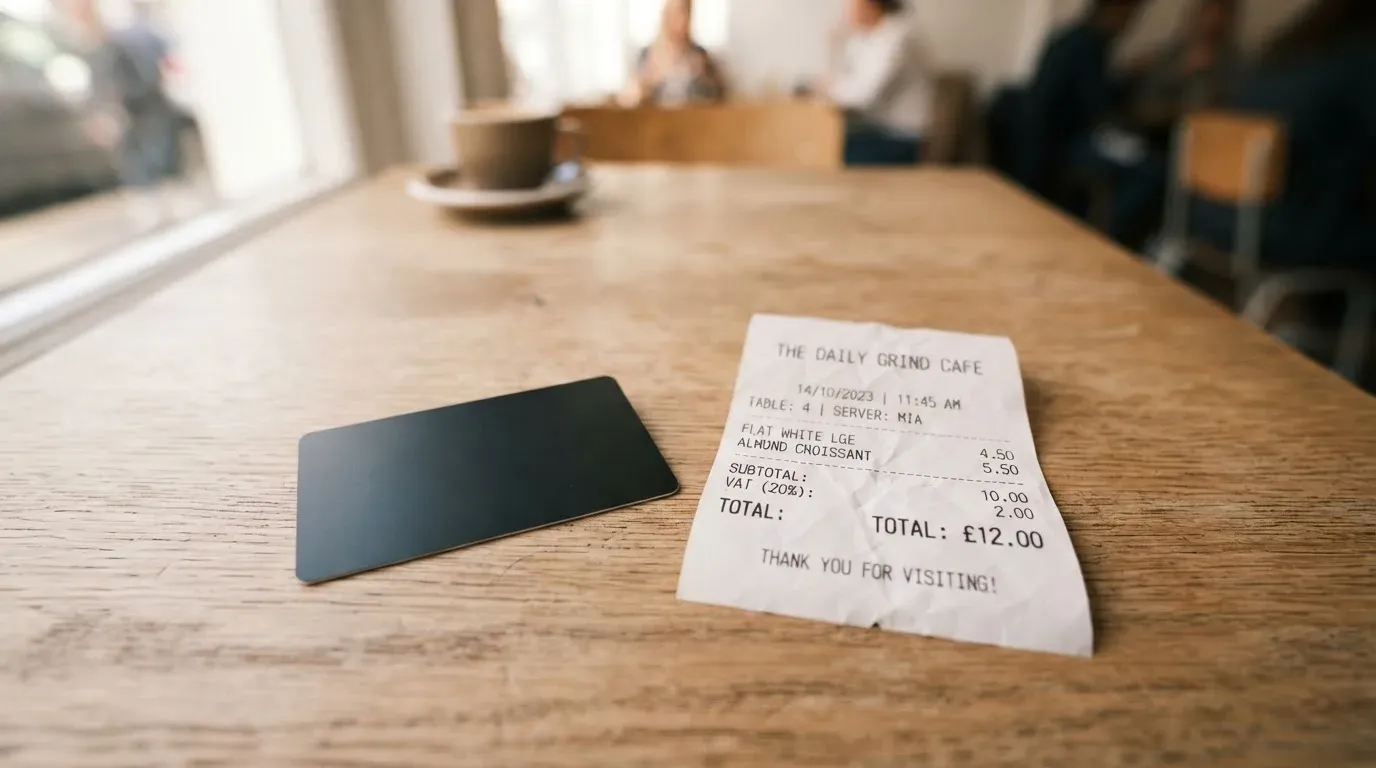 A receipt and a card on a café table