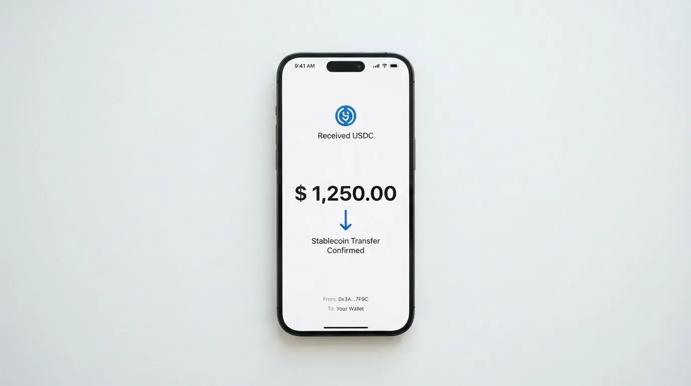 A phone showing a stablecoin transfer screen