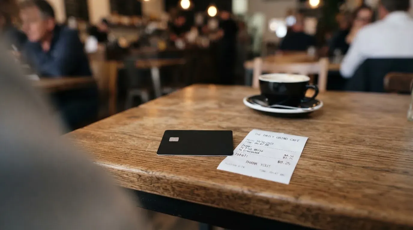 A receipt and a card on a café table