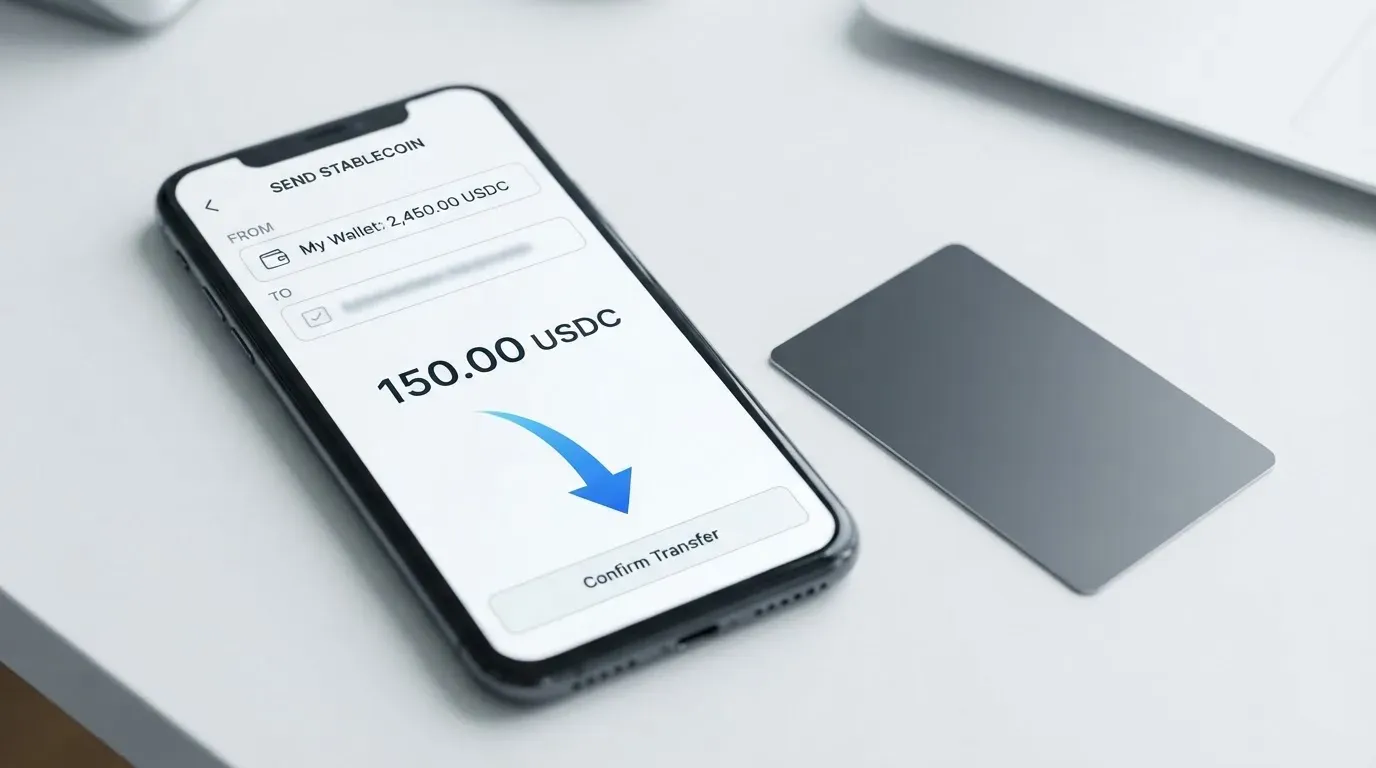 A phone showing a stablecoin transfer screen