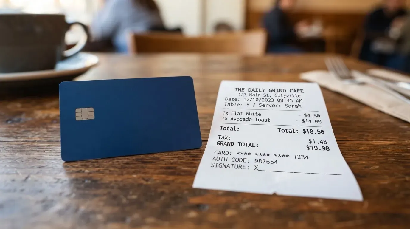 A receipt and a card on a café table