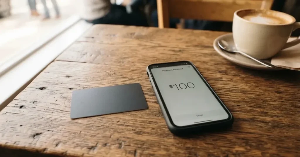 A payment card next to a phone with a crypto wallet app open