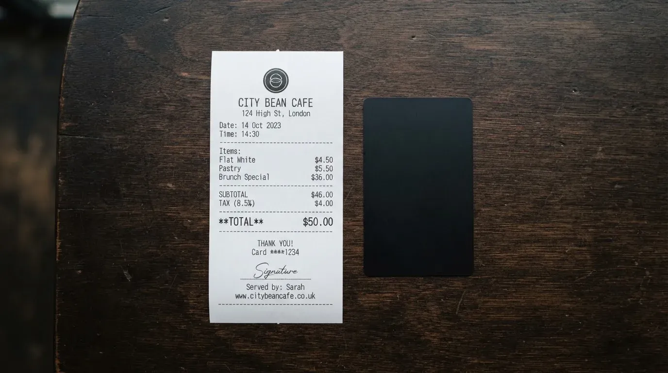 A receipt and a card on a café table
