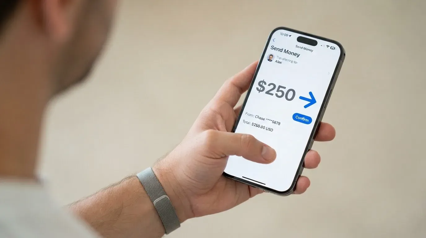 A phone showing a stablecoin transfer screen
