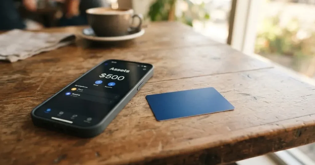A payment card next to a phone with a crypto wallet app open