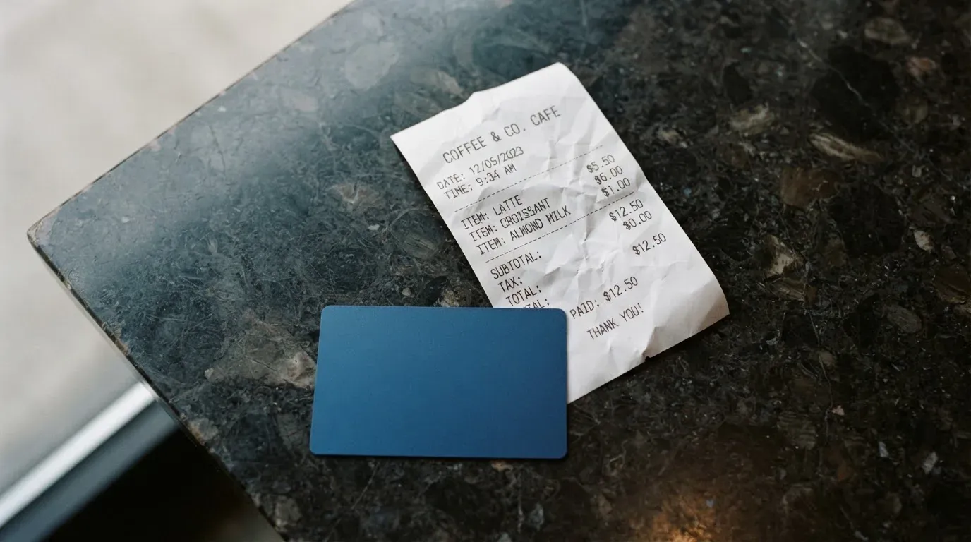 A receipt and a card on a café table