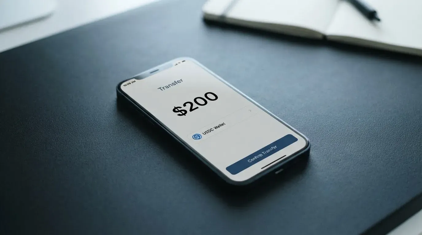 A phone showing a stablecoin transfer screen
