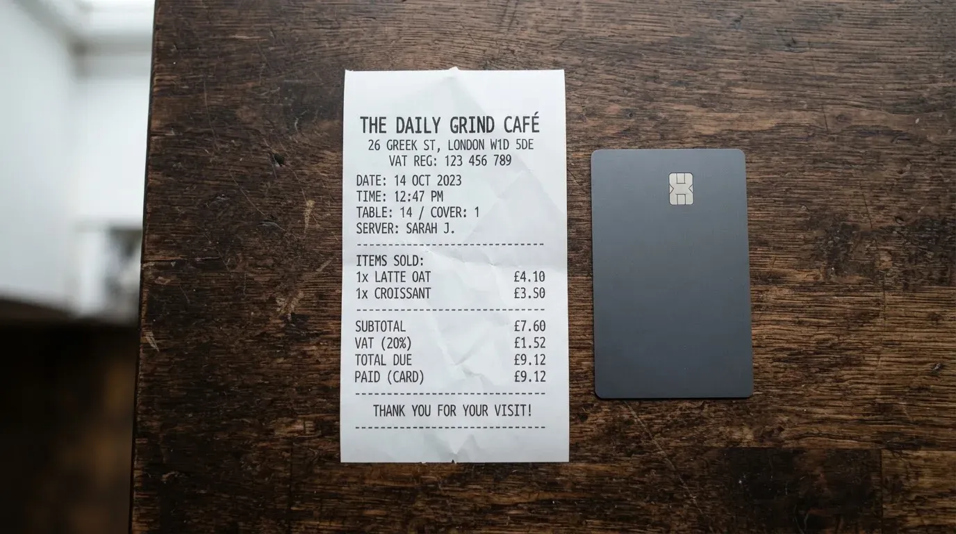 A receipt and a card on a café table