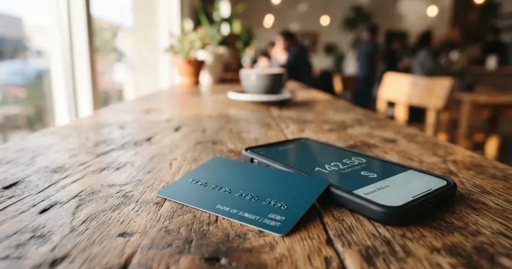 A payment card next to a phone with a crypto wallet app open