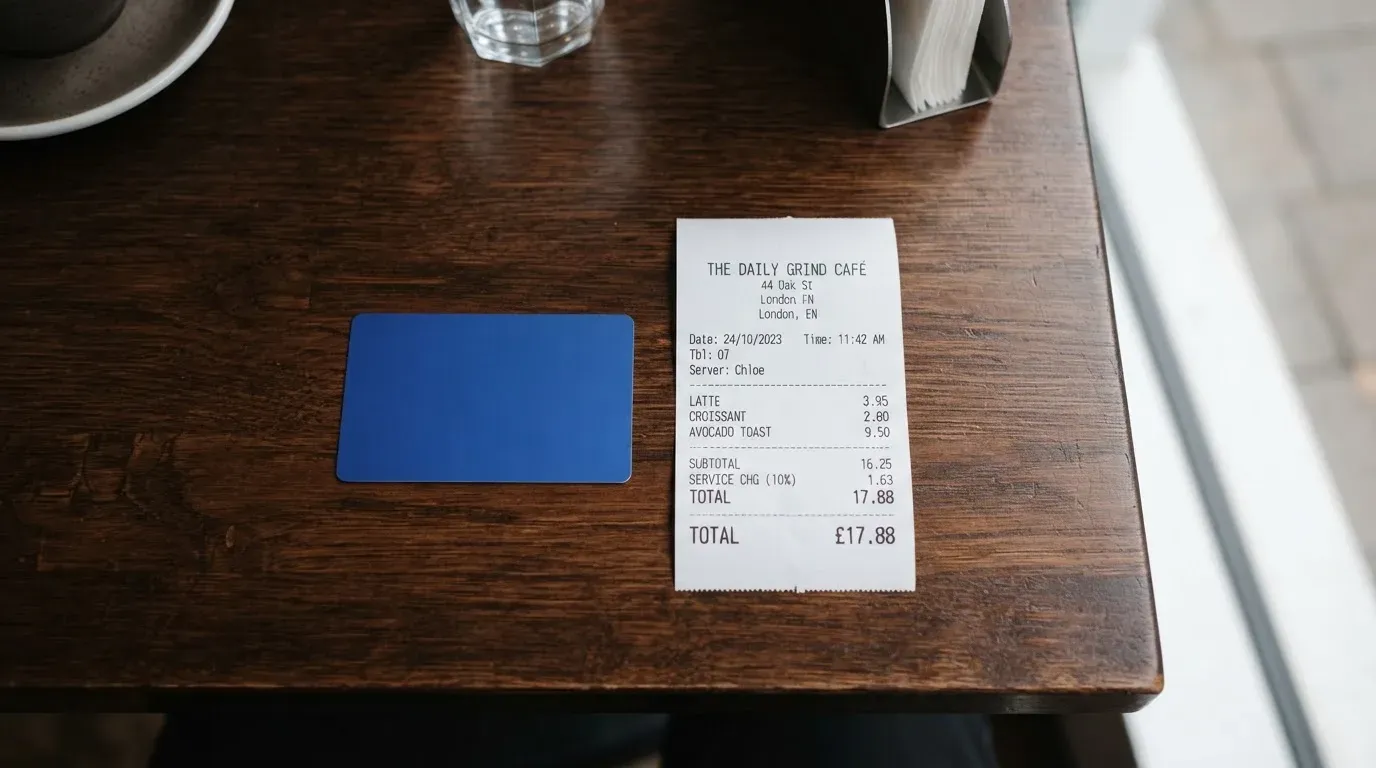 A receipt and a card on a café table