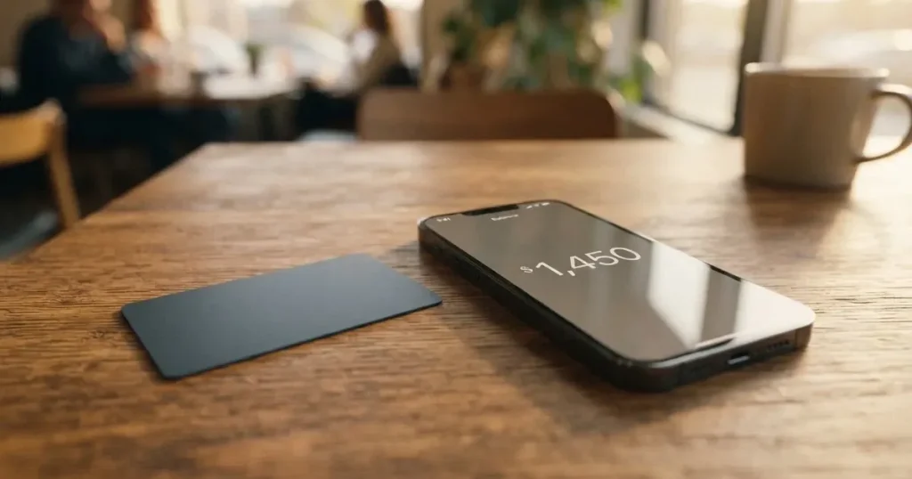 A payment card next to a phone with a crypto wallet app open