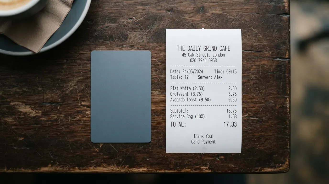 A receipt and a card on a café table