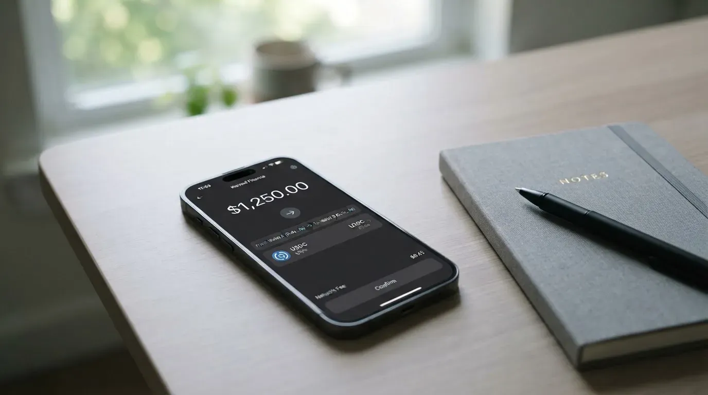 A phone showing a stablecoin transfer screen