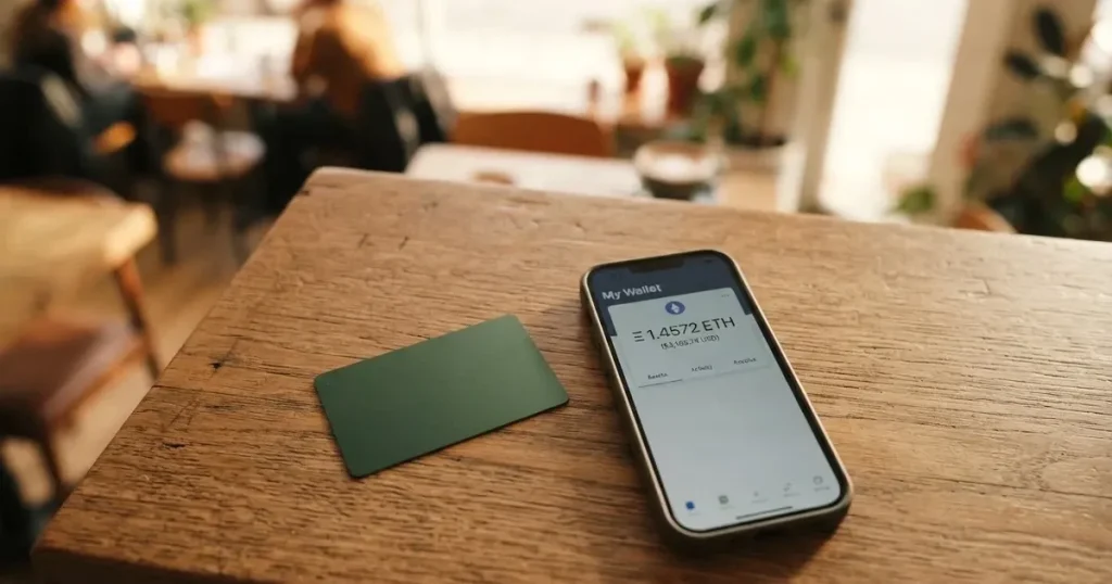 A payment card next to a phone with a crypto wallet app open