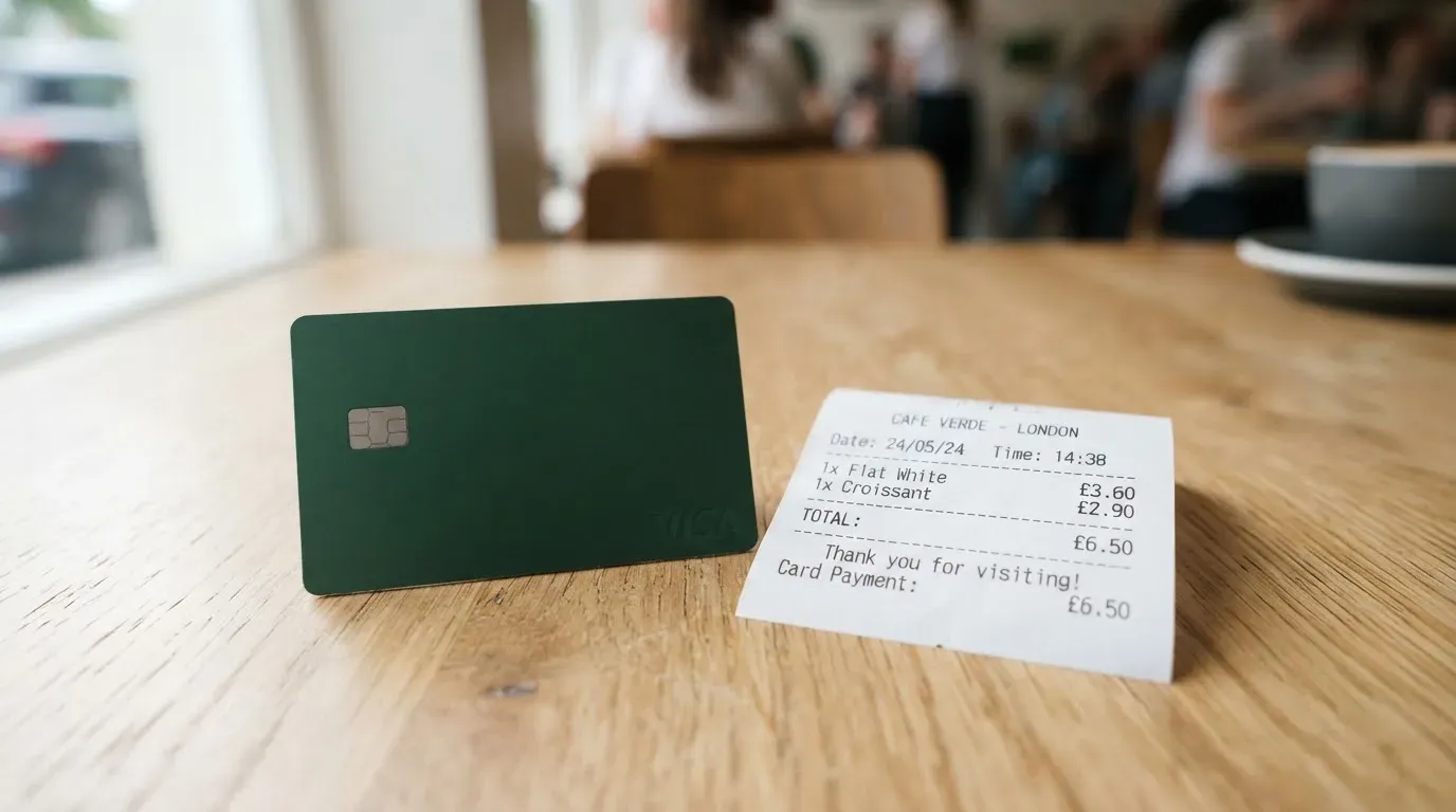 A receipt and a card on a café table