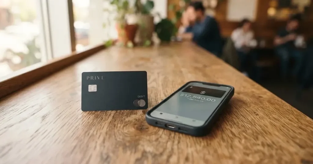 A payment card next to a phone with a crypto wallet app open