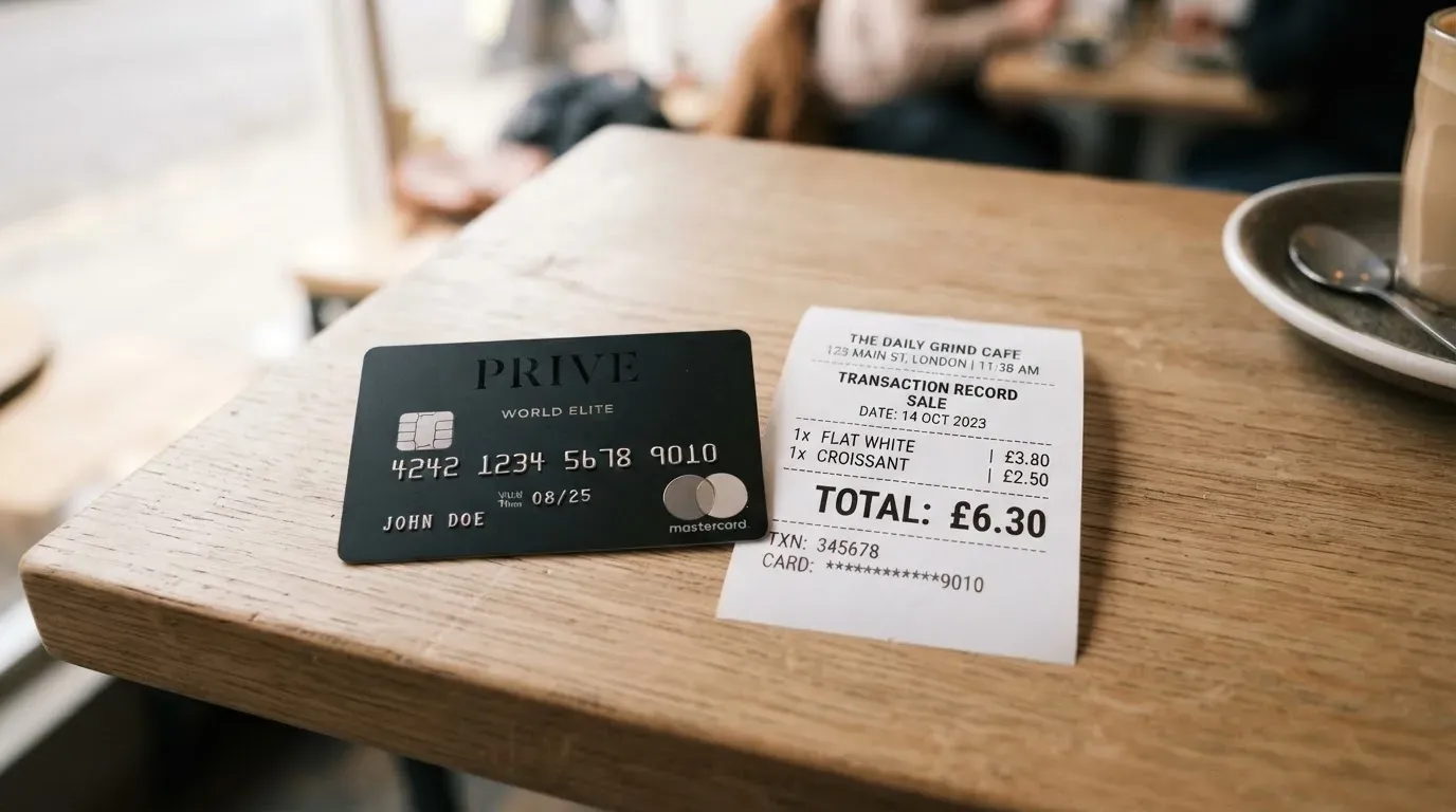 A receipt and a card on a café table