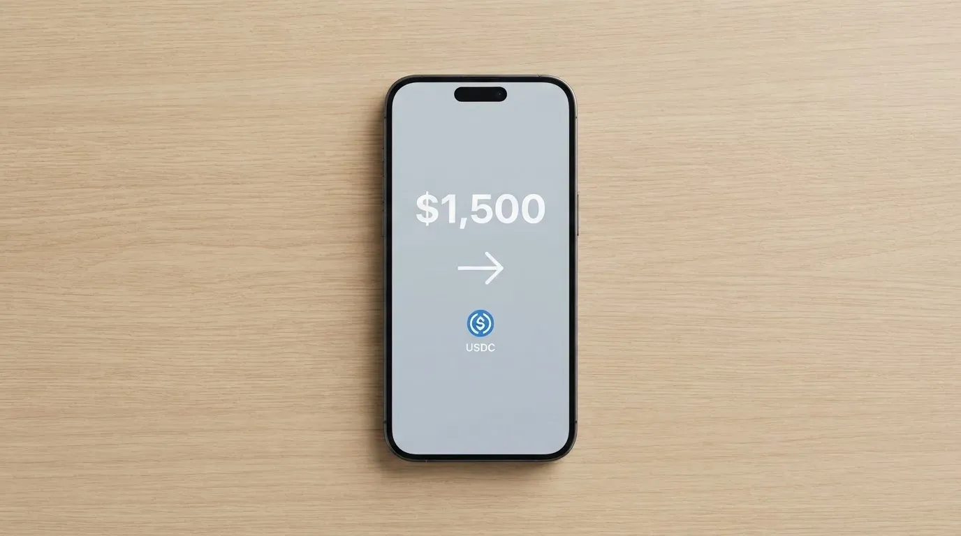 A phone showing a stablecoin transfer screen