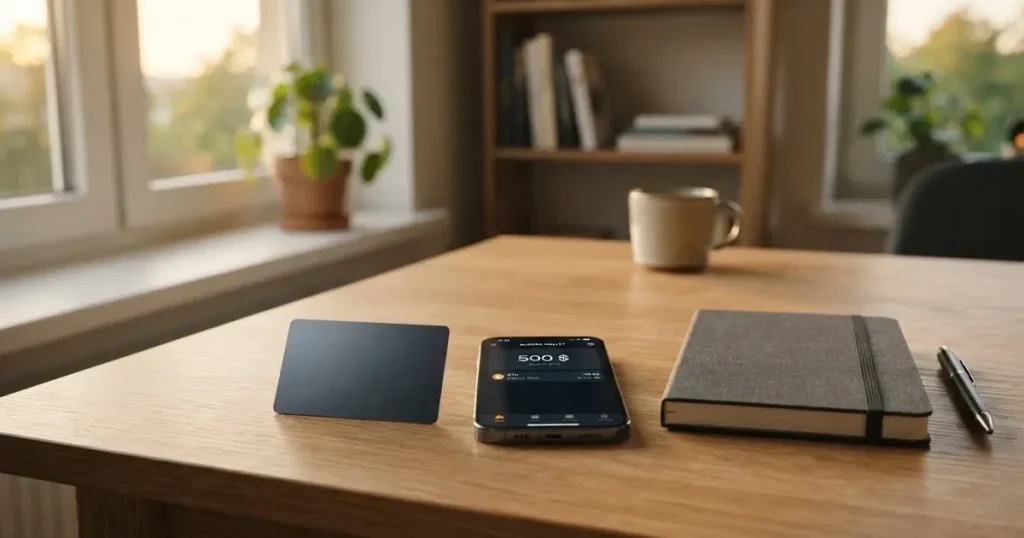 A payment card next to a phone with a crypto wallet app open