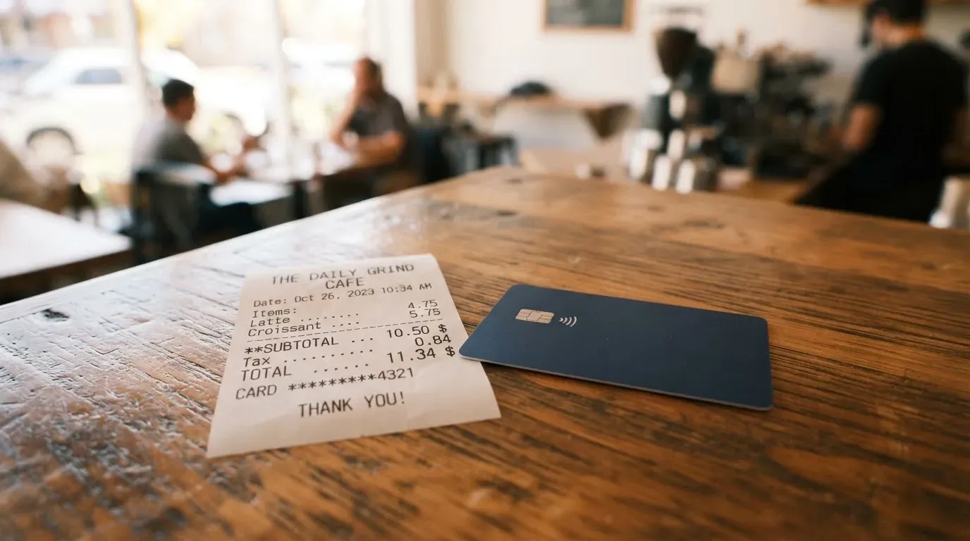 A receipt and a card on a café table