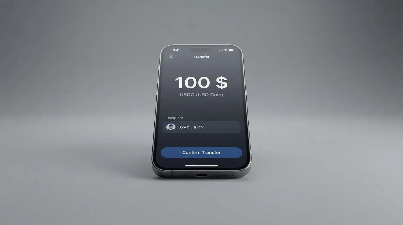 A phone showing a stablecoin transfer screen