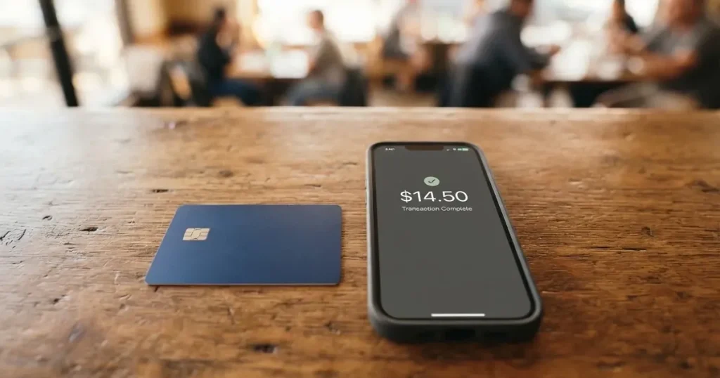 A payment card next to a phone with a crypto wallet app open