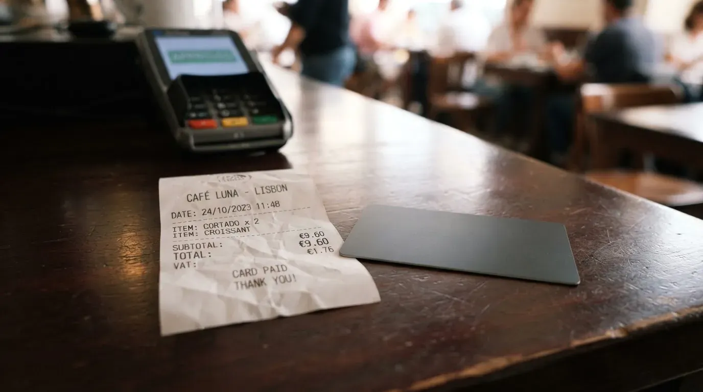 A receipt and a card on a café table