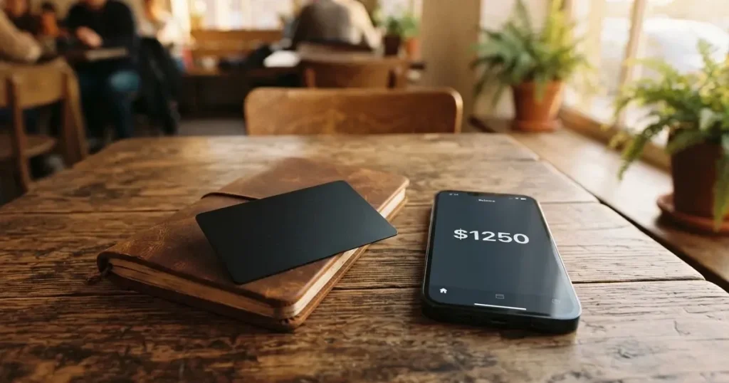 A payment card next to a phone with a crypto wallet app open