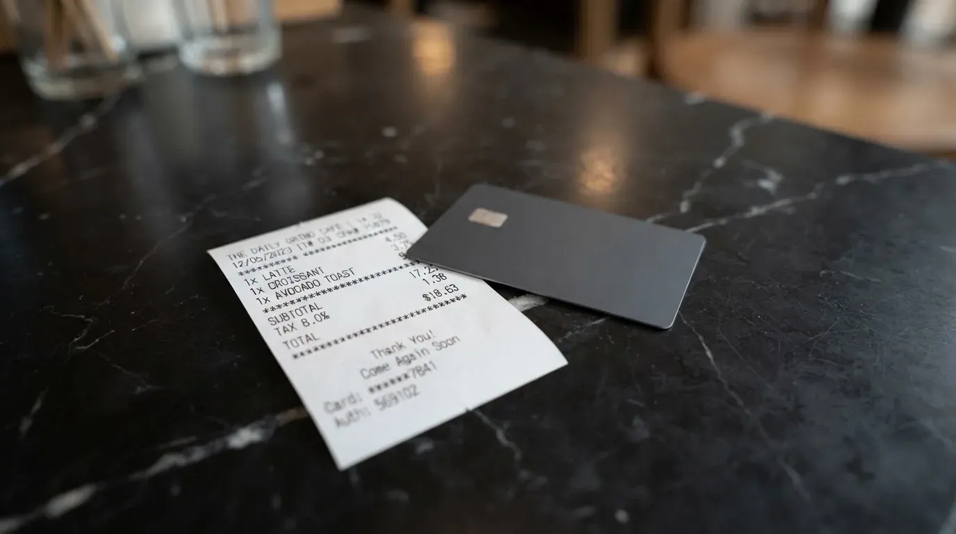 A receipt and a card on a café table