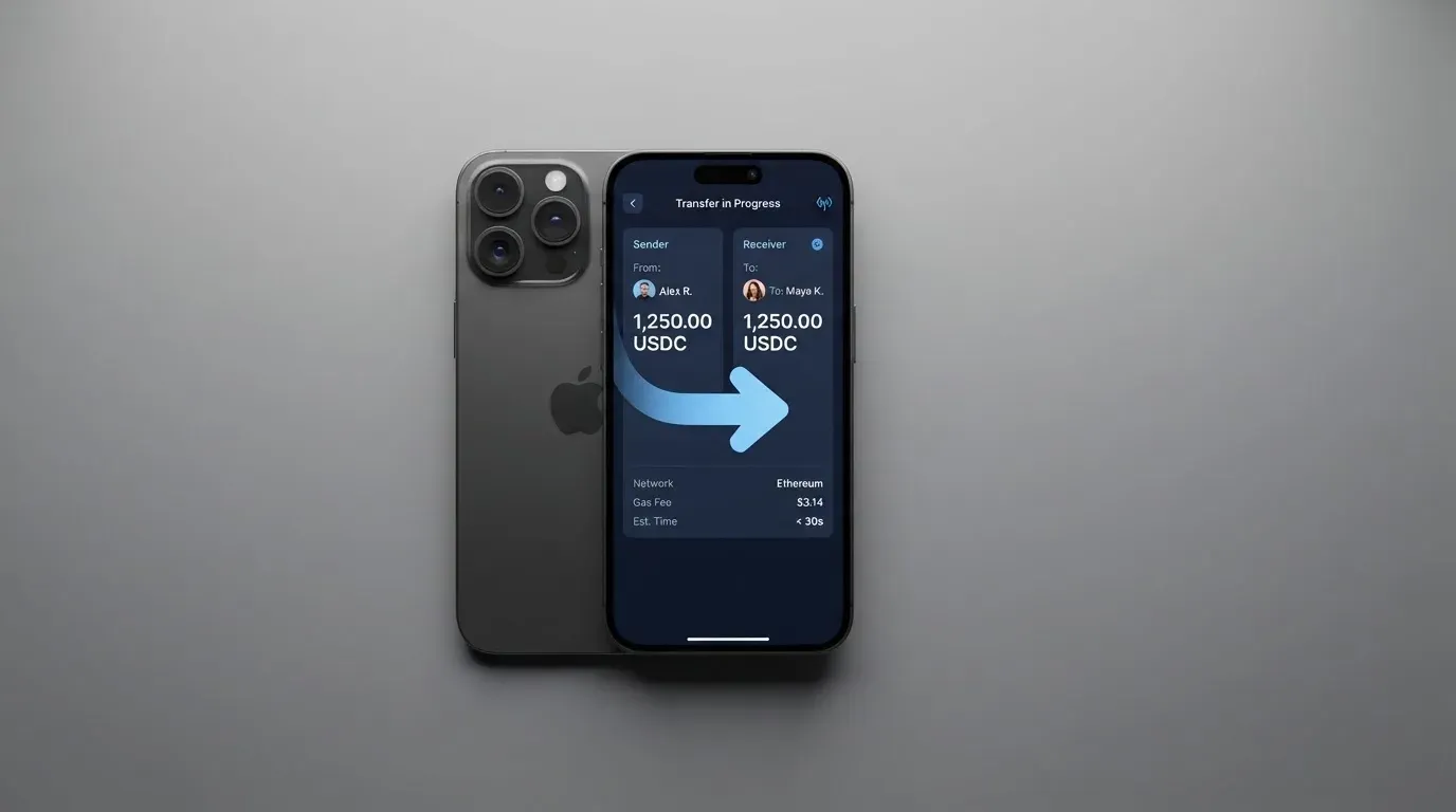 A phone showing a stablecoin transfer screen