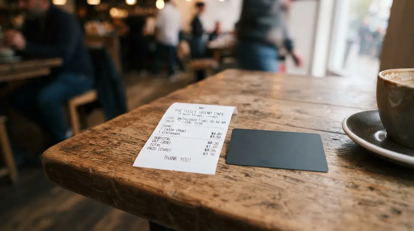 A receipt and a card on a café table