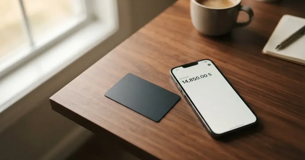 A payment card next to a phone with a crypto wallet app open