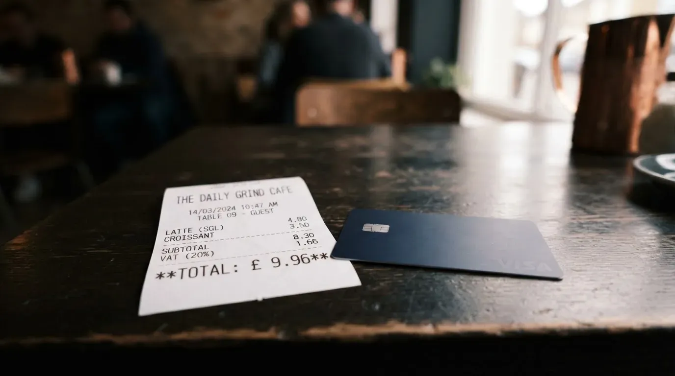 A receipt and a card on a café table