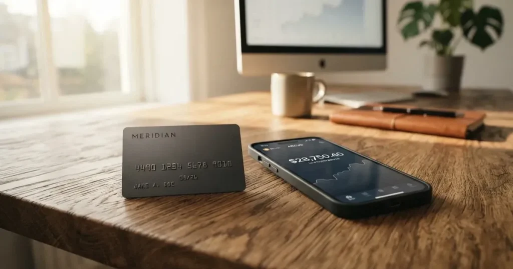 A payment card next to a phone with a crypto wallet app open