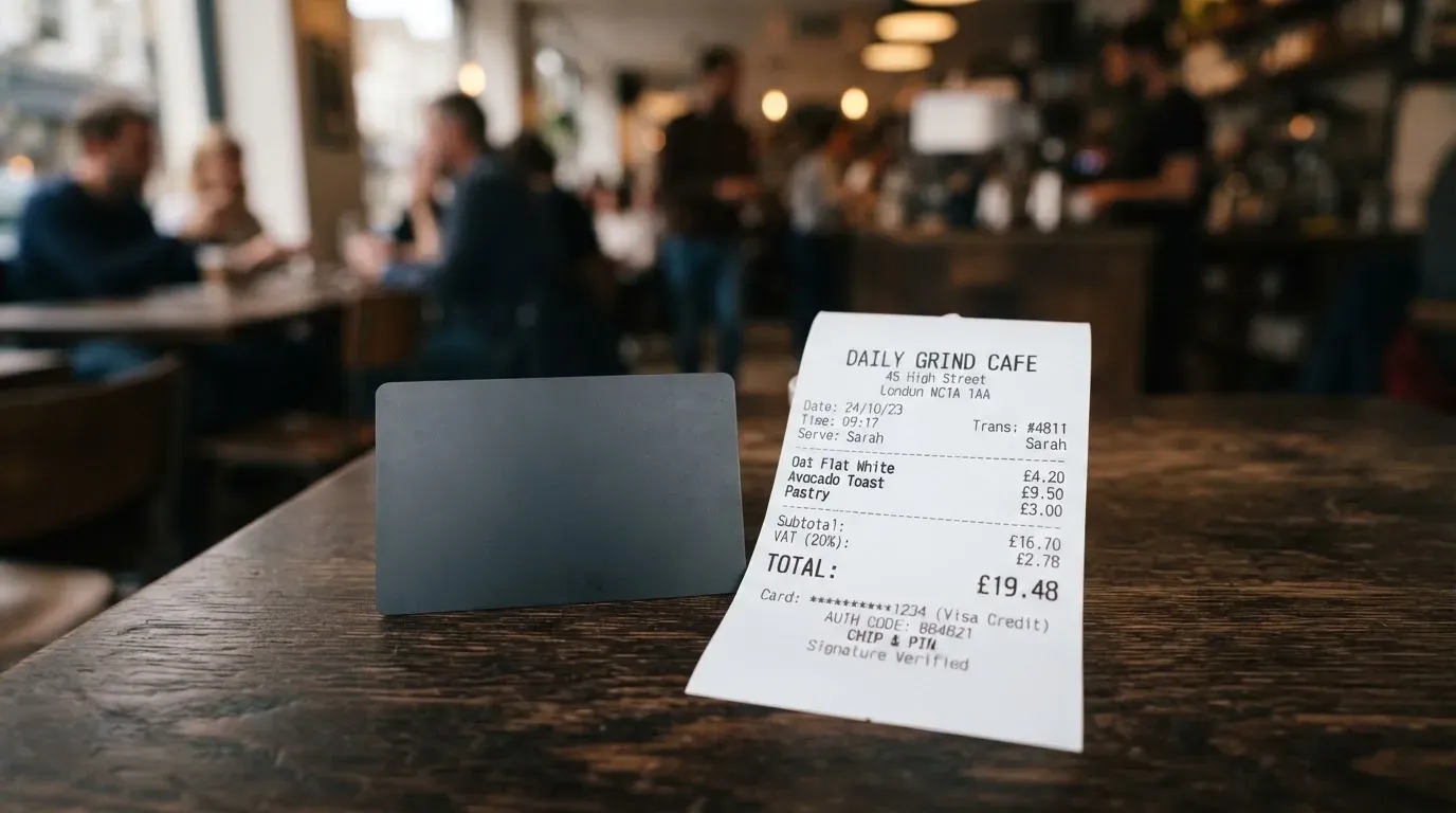 A receipt and a card on a café table