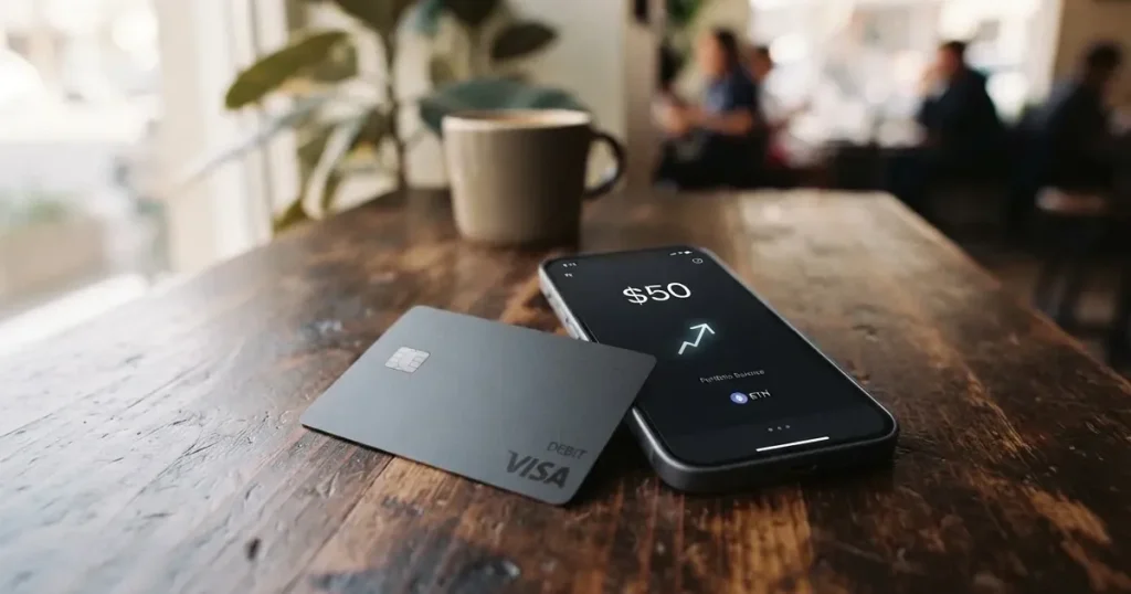 A payment card next to a phone with a crypto wallet app open