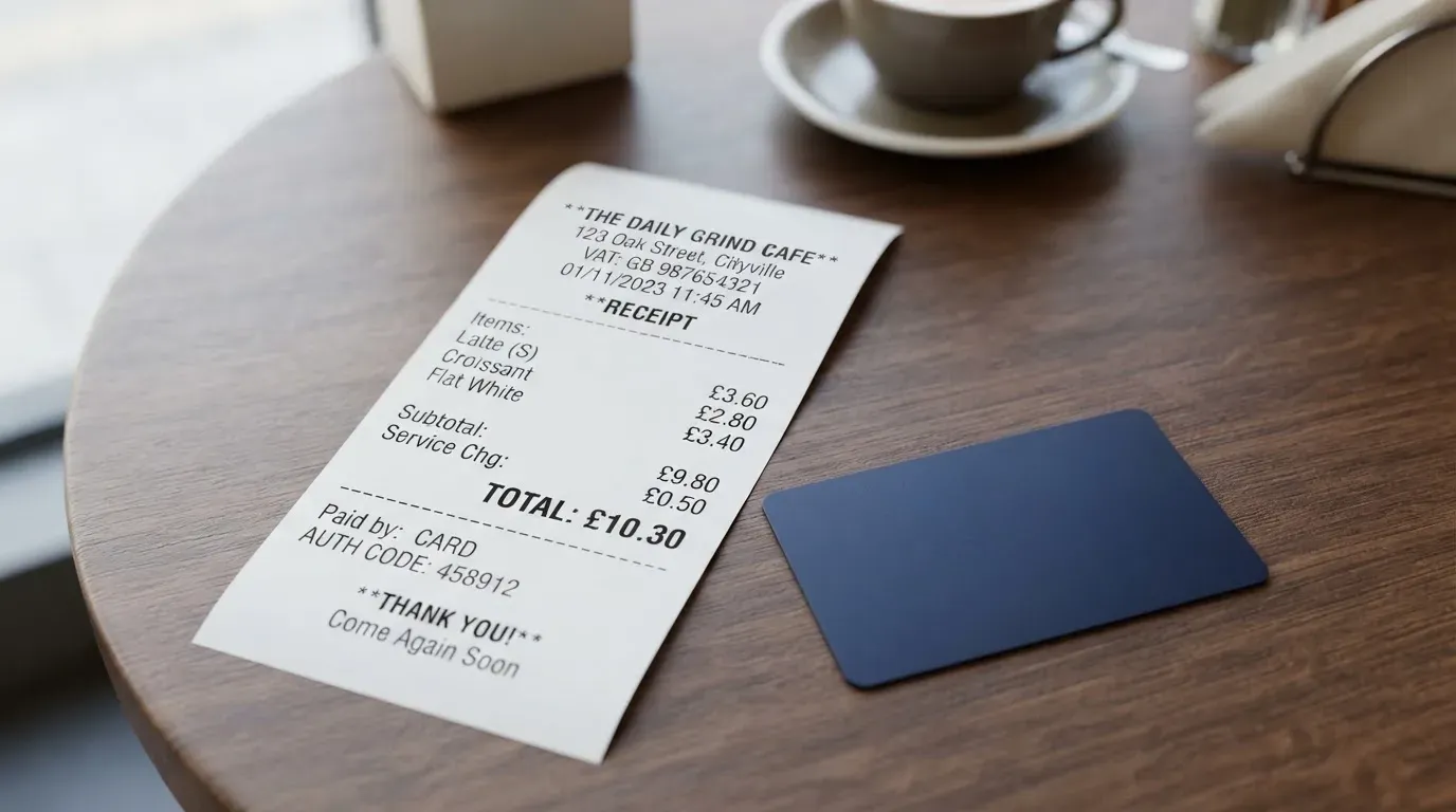 A receipt and a card on a café table
