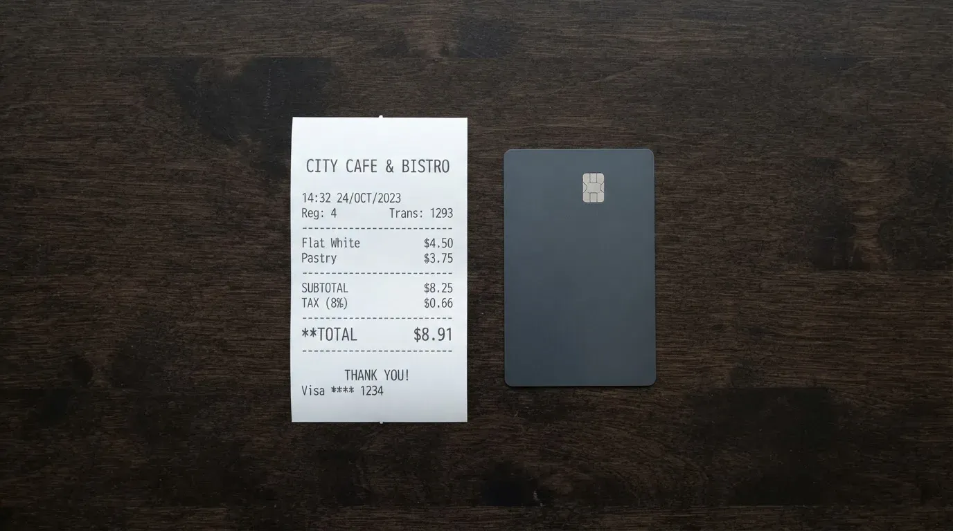 A receipt and a card on a café table