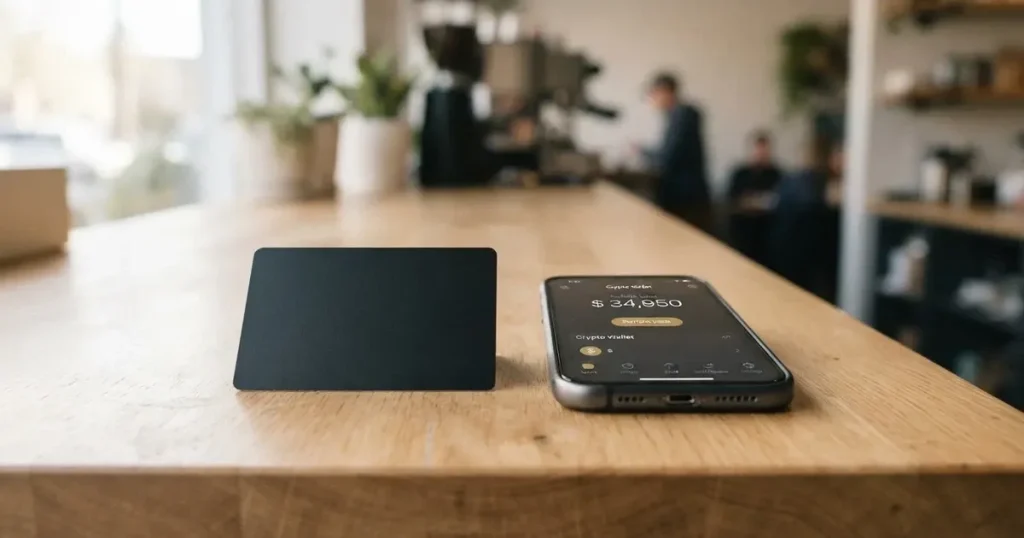 A payment card next to a phone with a crypto wallet app open
